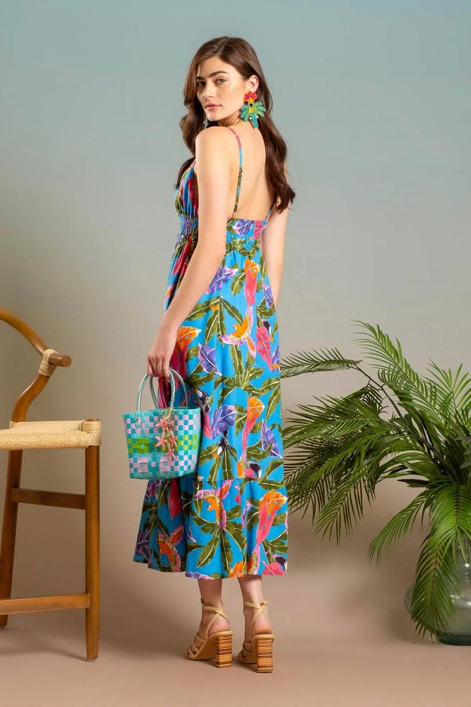 TRIPICAL PRINT V NECK MIDI DRESS