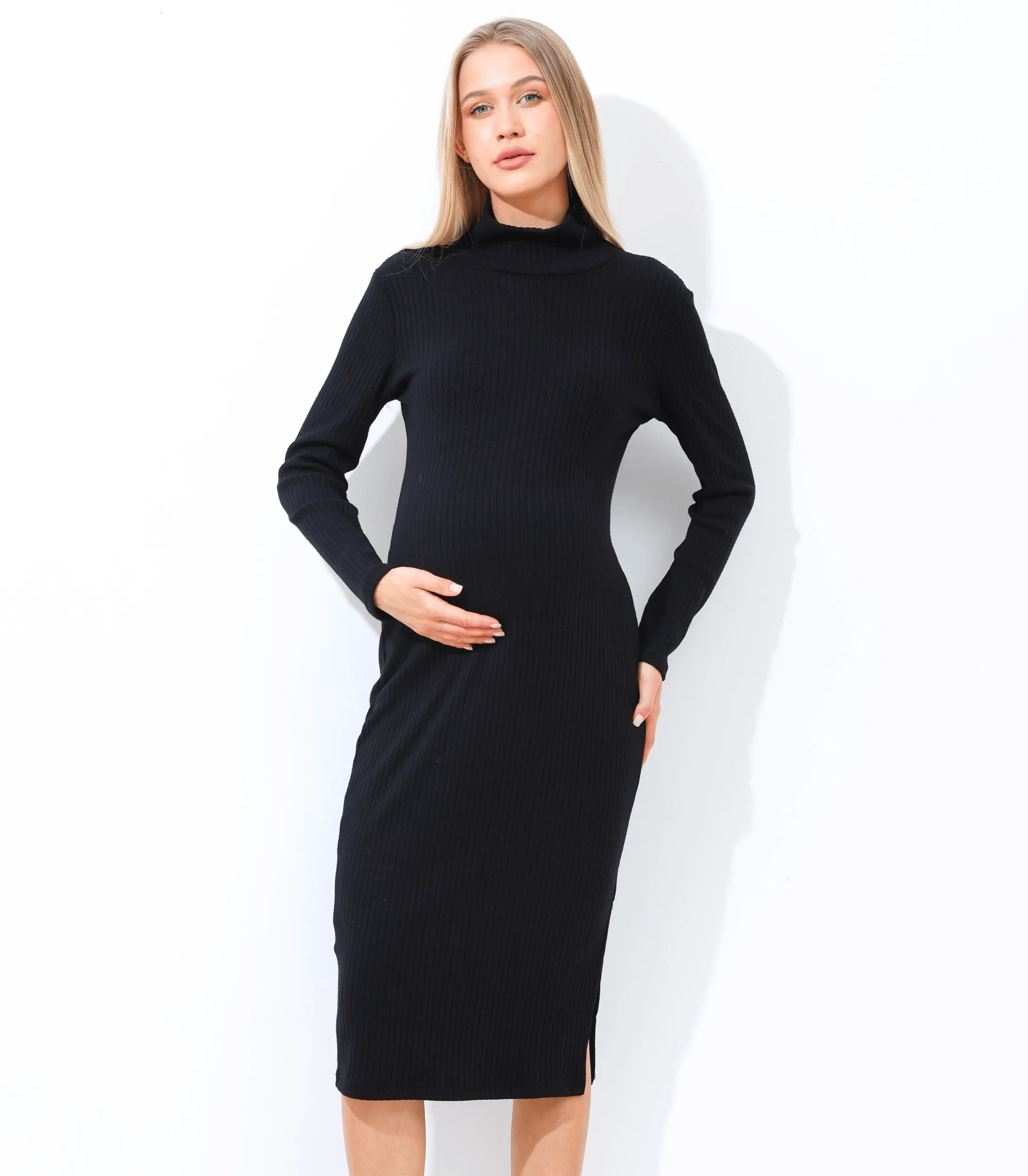 Turtleneck Fitted Maternity Maxi Sweater Dress