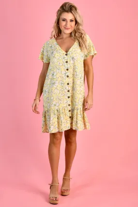 VGLD219 - CAP SLEEVE BUTTON DRESS - DAISY SUNSHINE