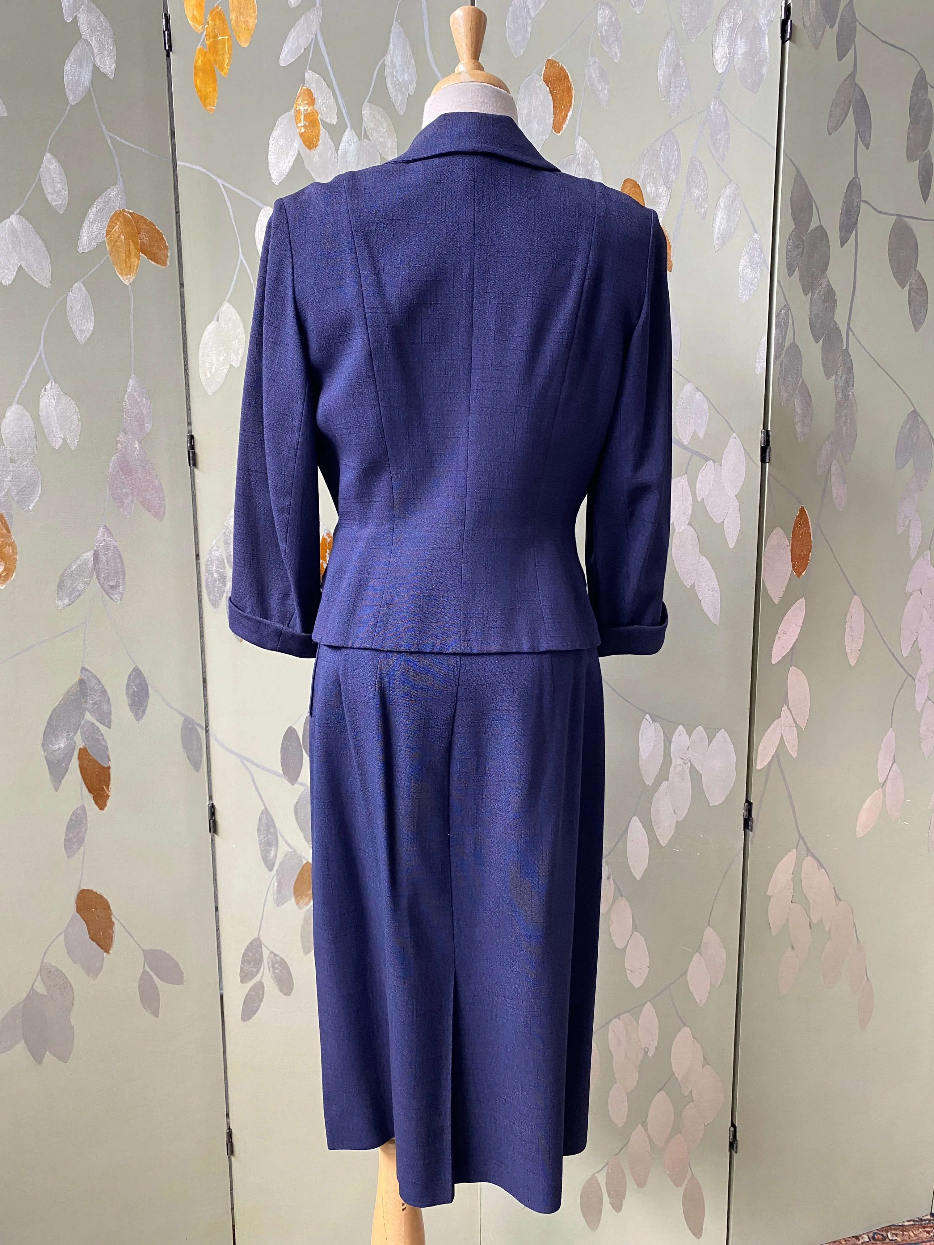 Vintage 1950s Navy Skirt Suit, Leslie Fay, S-M