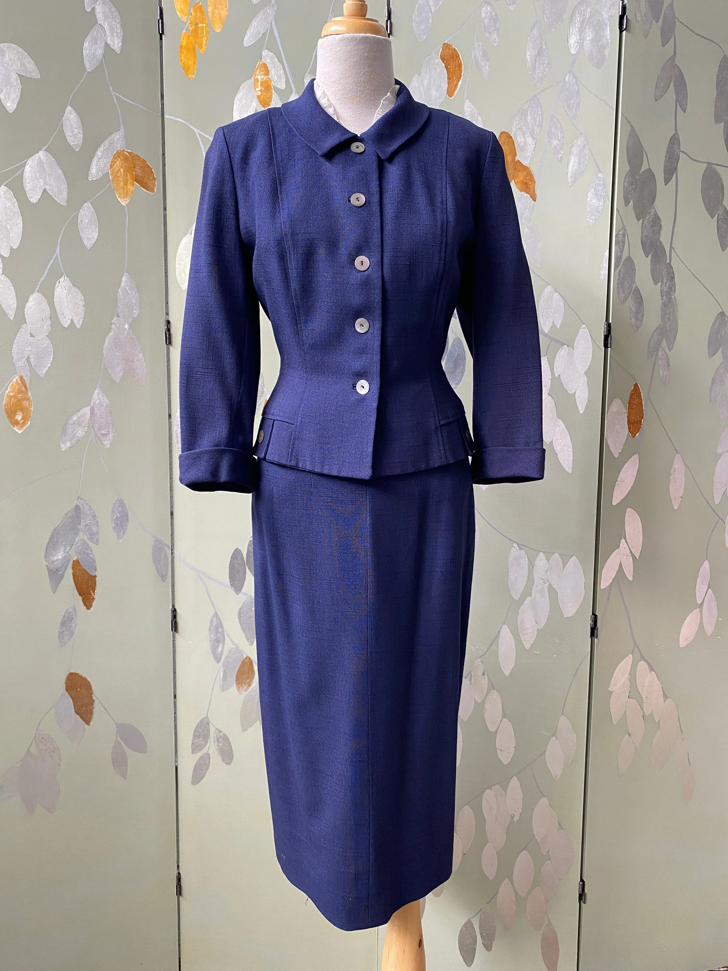 Vintage 1950s Navy Skirt Suit, Leslie Fay, S-M