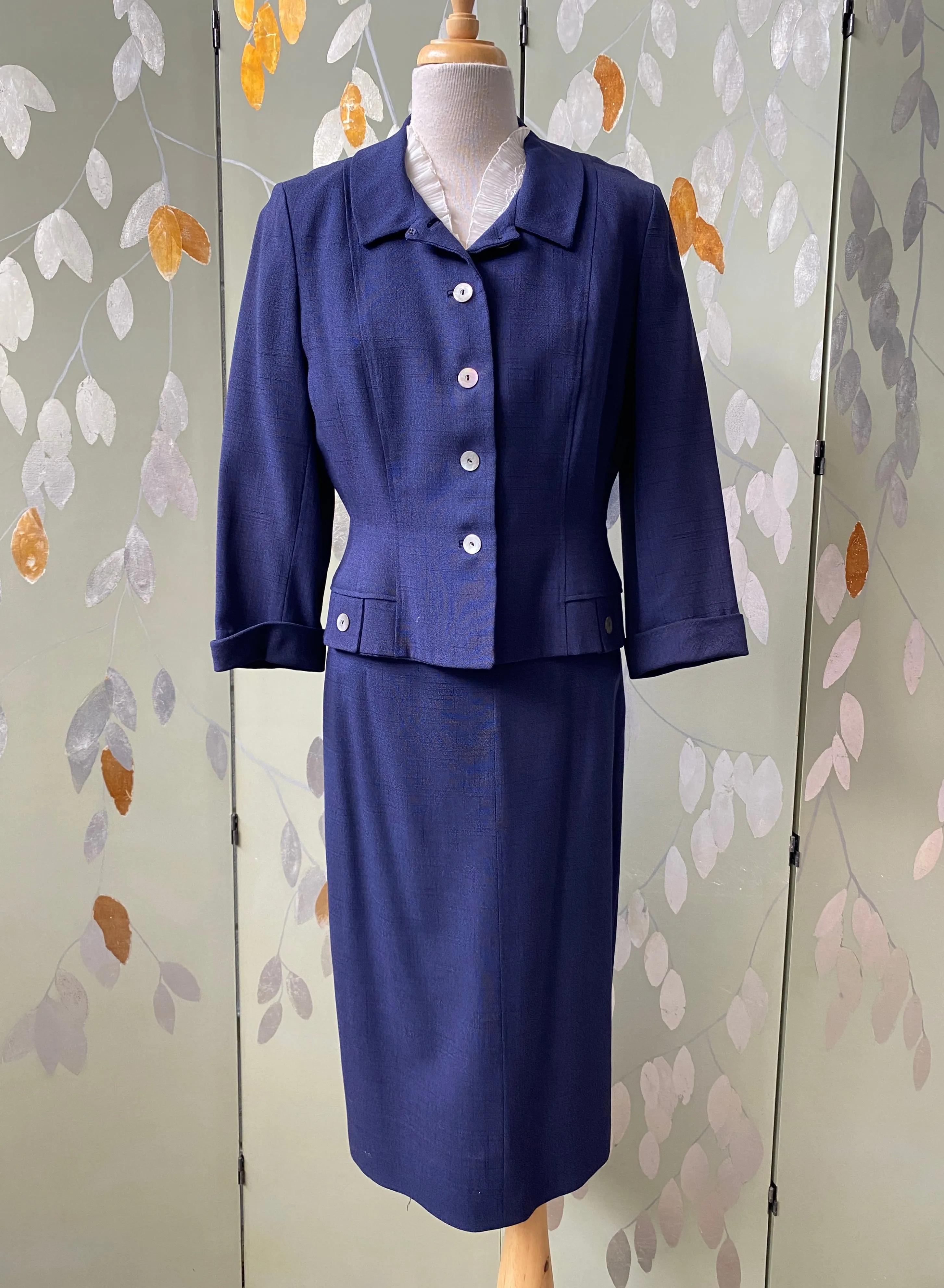 Vintage 1950s Navy Skirt Suit, Leslie Fay, S-M