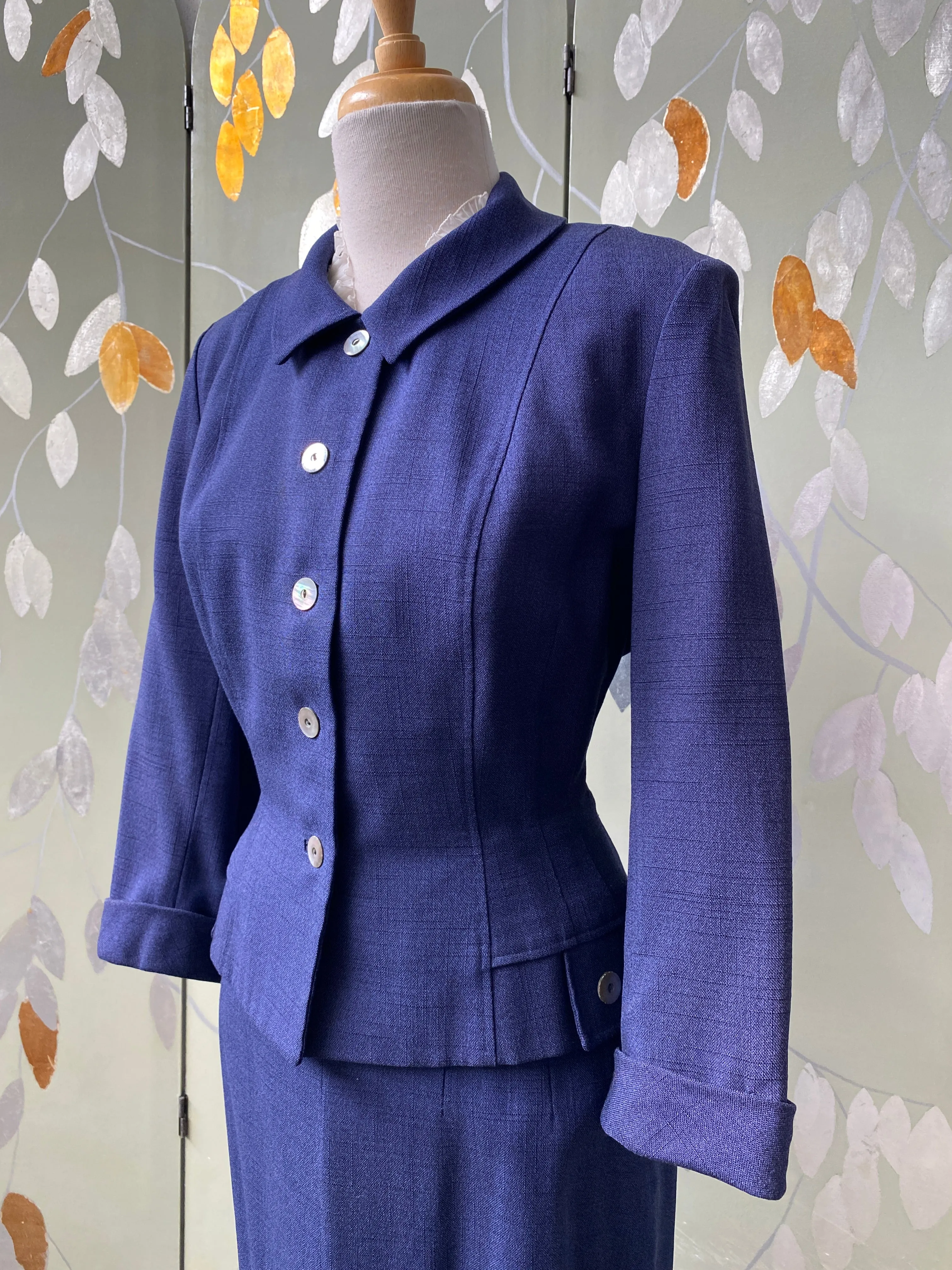 Vintage 1950s Navy Skirt Suit, Leslie Fay, S-M