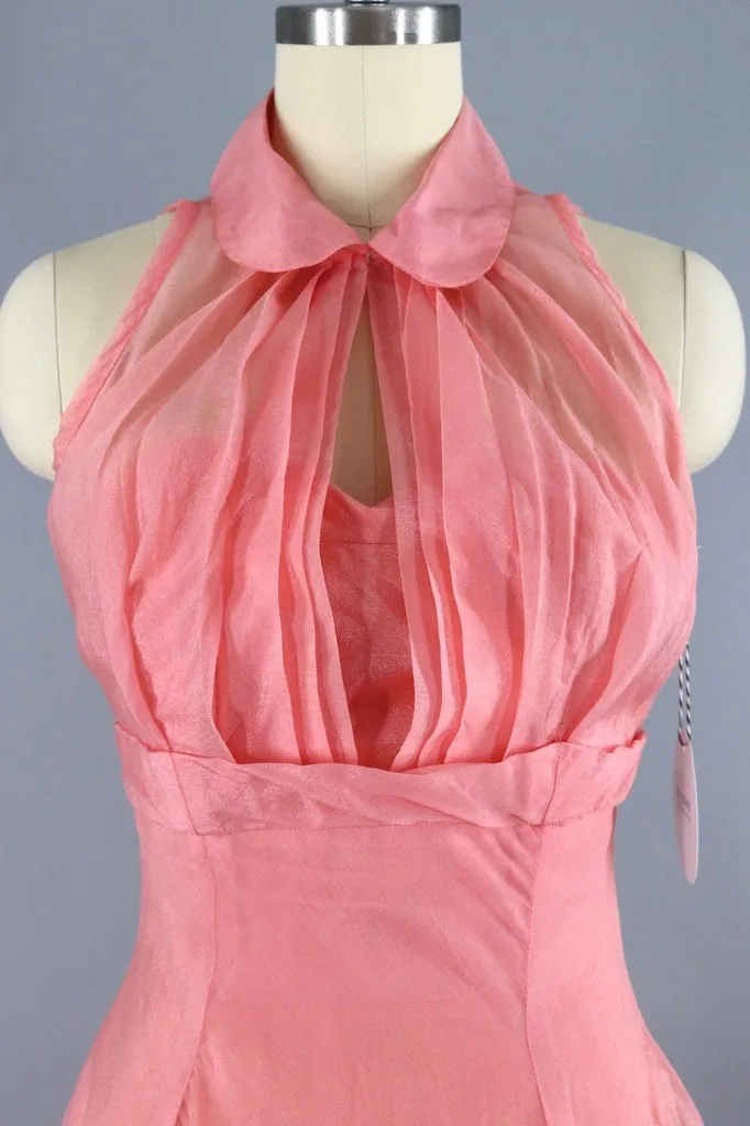 Vintage 1950s Pink Chiffon Dress Evening Gown with Cropped Jacket