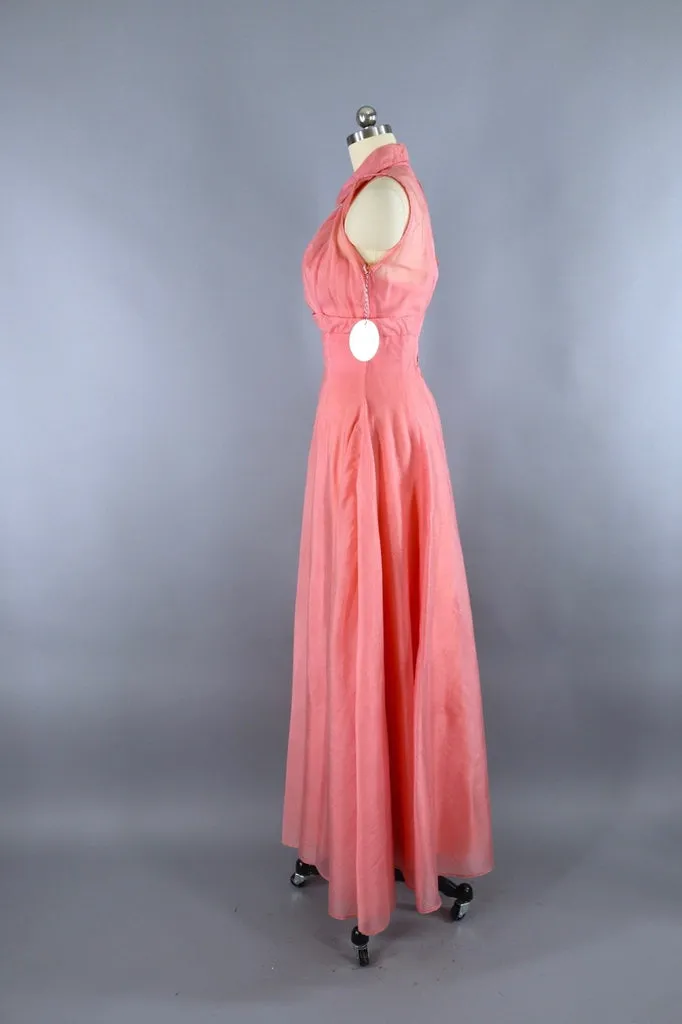 Vintage 1950s Pink Chiffon Dress Evening Gown with Cropped Jacket