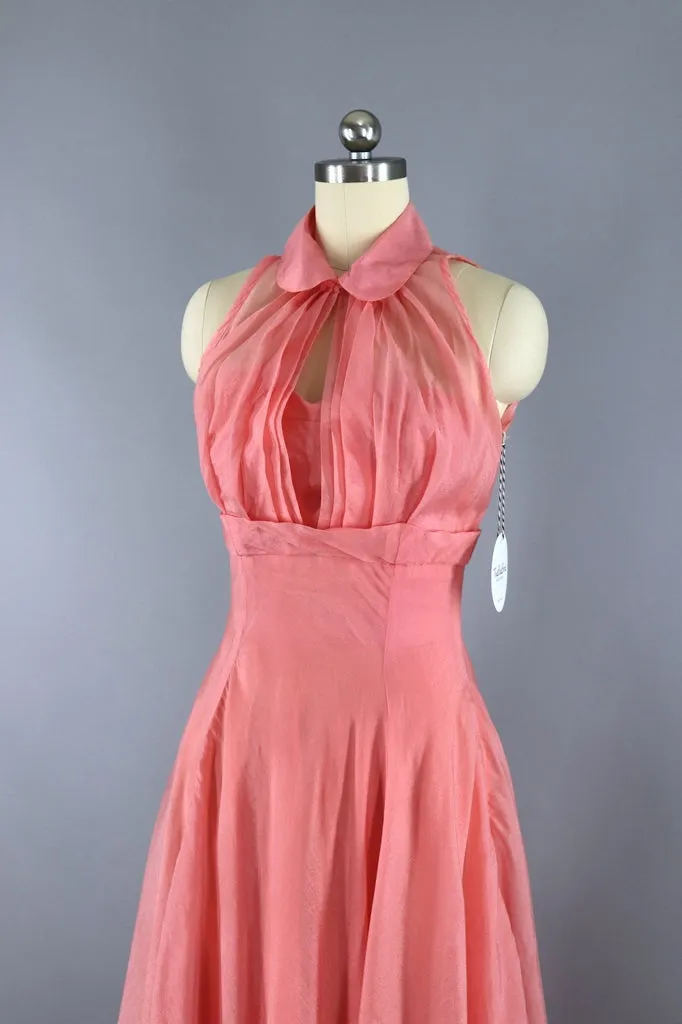 Vintage 1950s Pink Chiffon Dress Evening Gown with Cropped Jacket