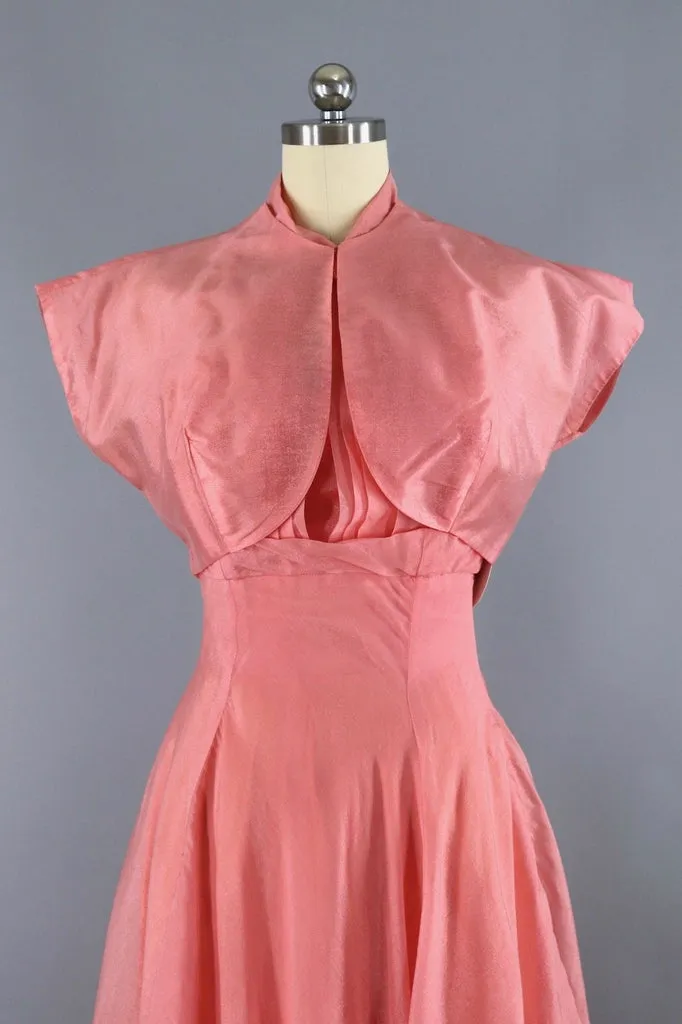 Vintage 1950s Pink Chiffon Dress Evening Gown with Cropped Jacket