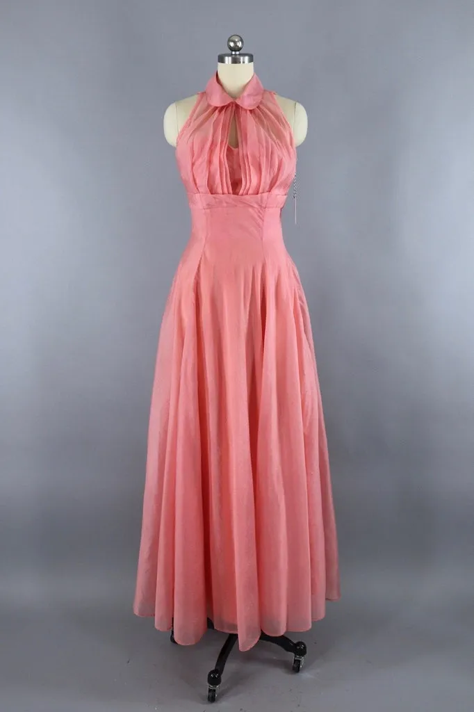 Vintage 1950s Pink Chiffon Dress Evening Gown with Cropped Jacket