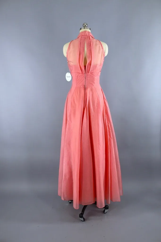 Vintage 1950s Pink Chiffon Dress Evening Gown with Cropped Jacket