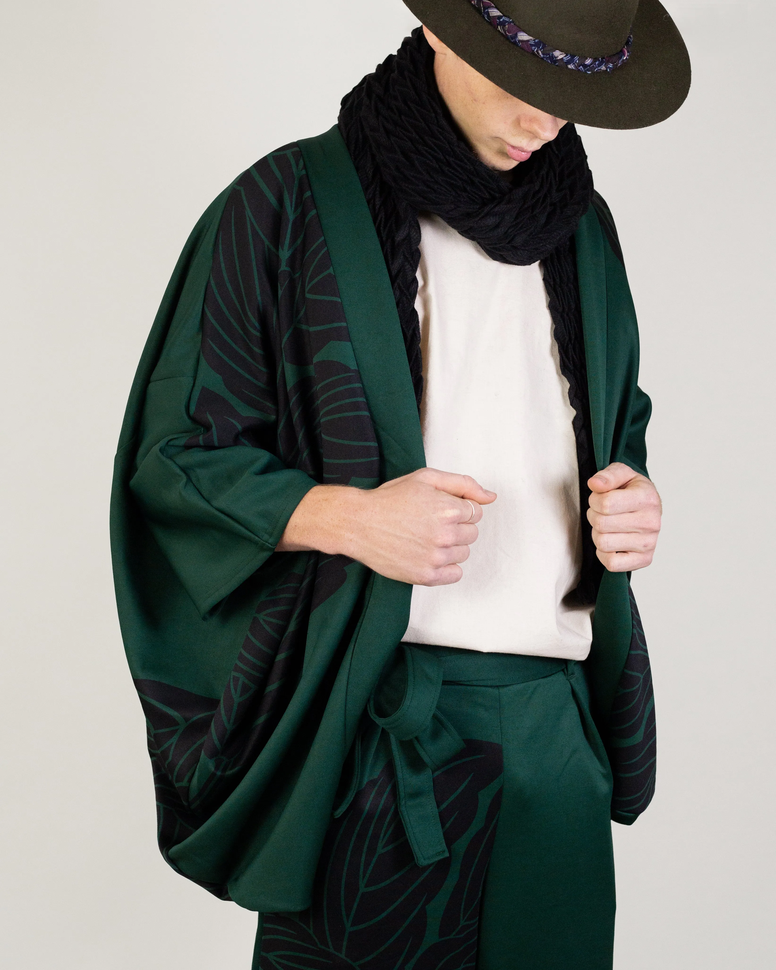 Wa-Modern Haori, Moss Green with Black Kashiwa Leaves