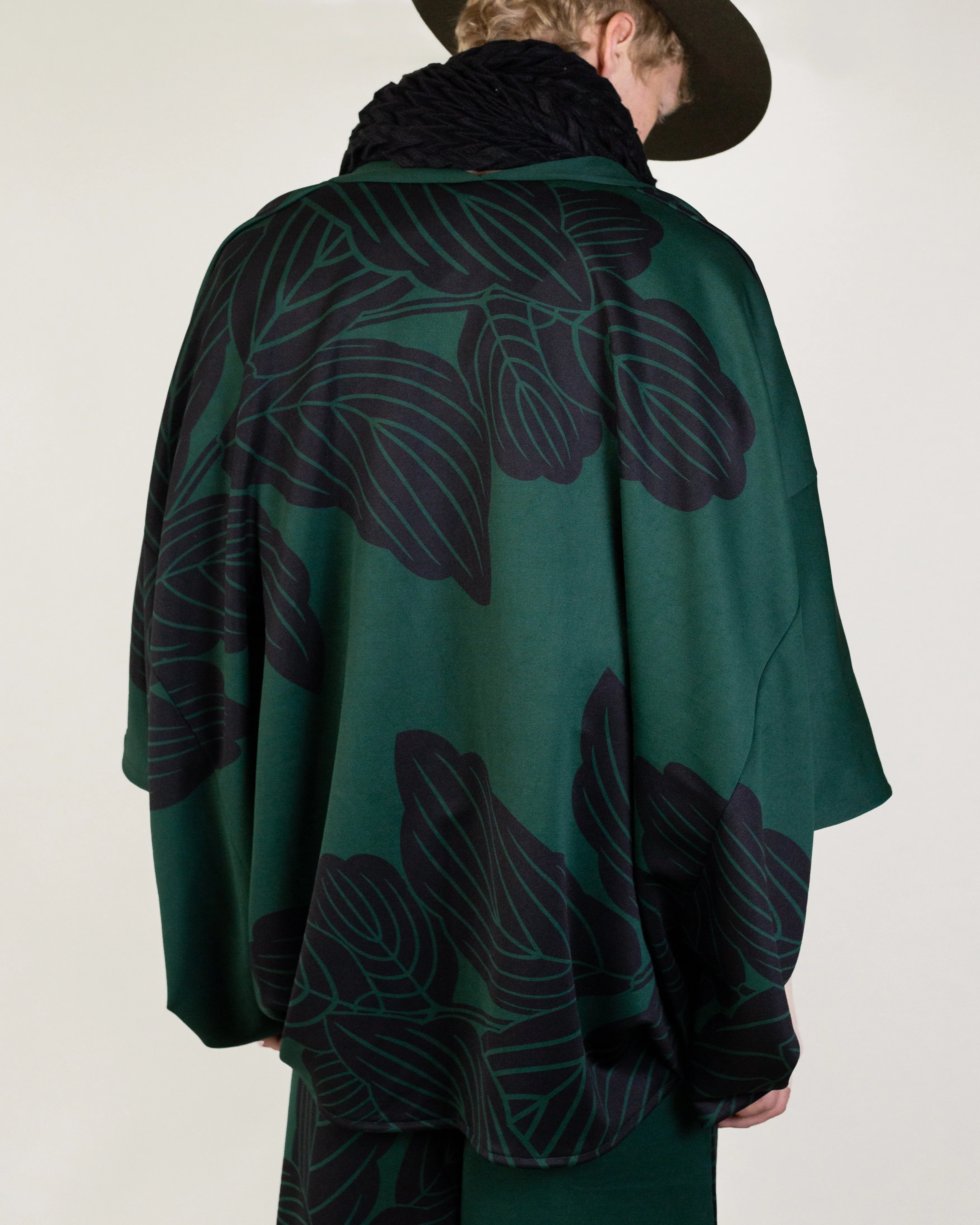 Wa-Modern Haori, Moss Green with Black Kashiwa Leaves