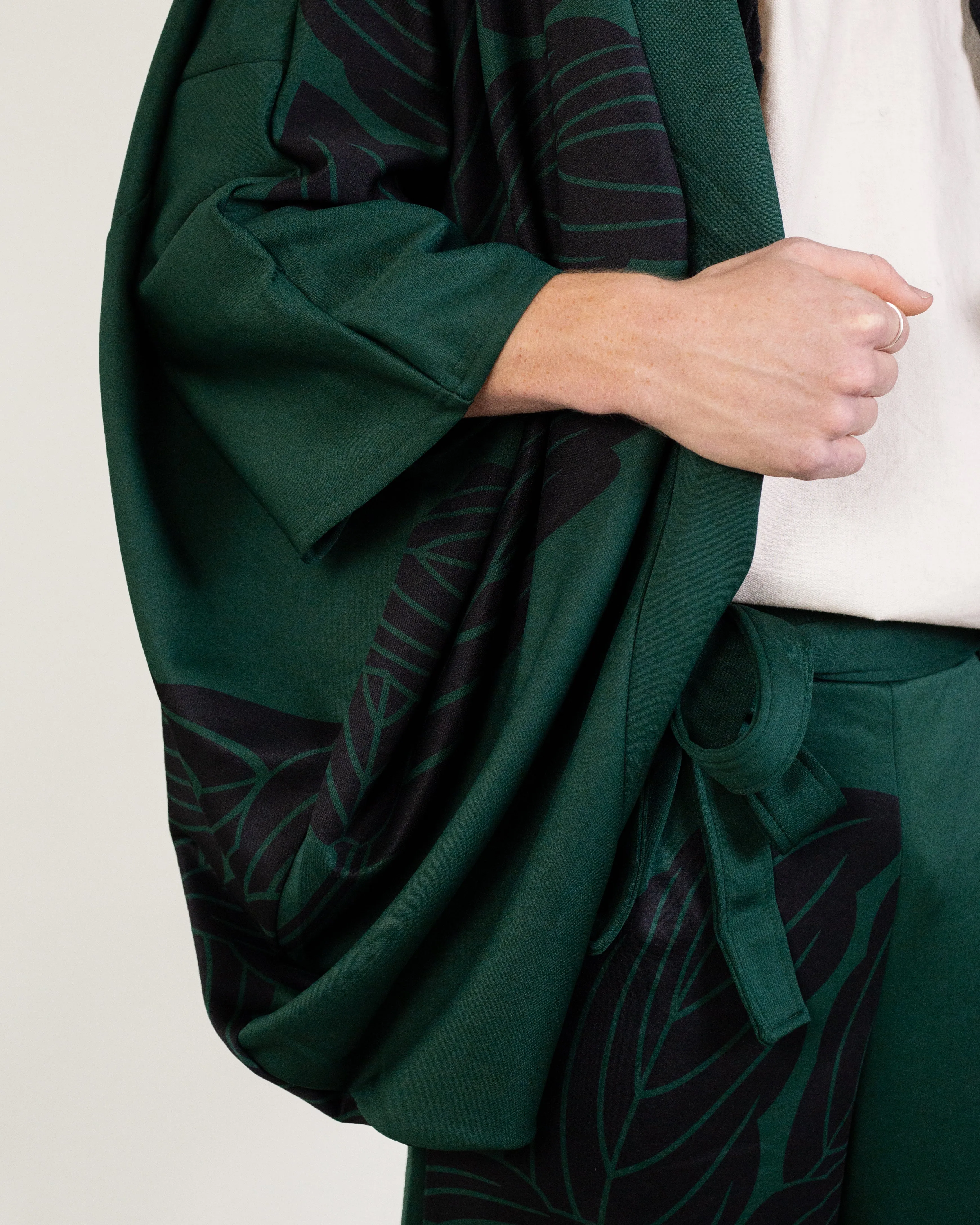 Wa-Modern Haori, Moss Green with Black Kashiwa Leaves