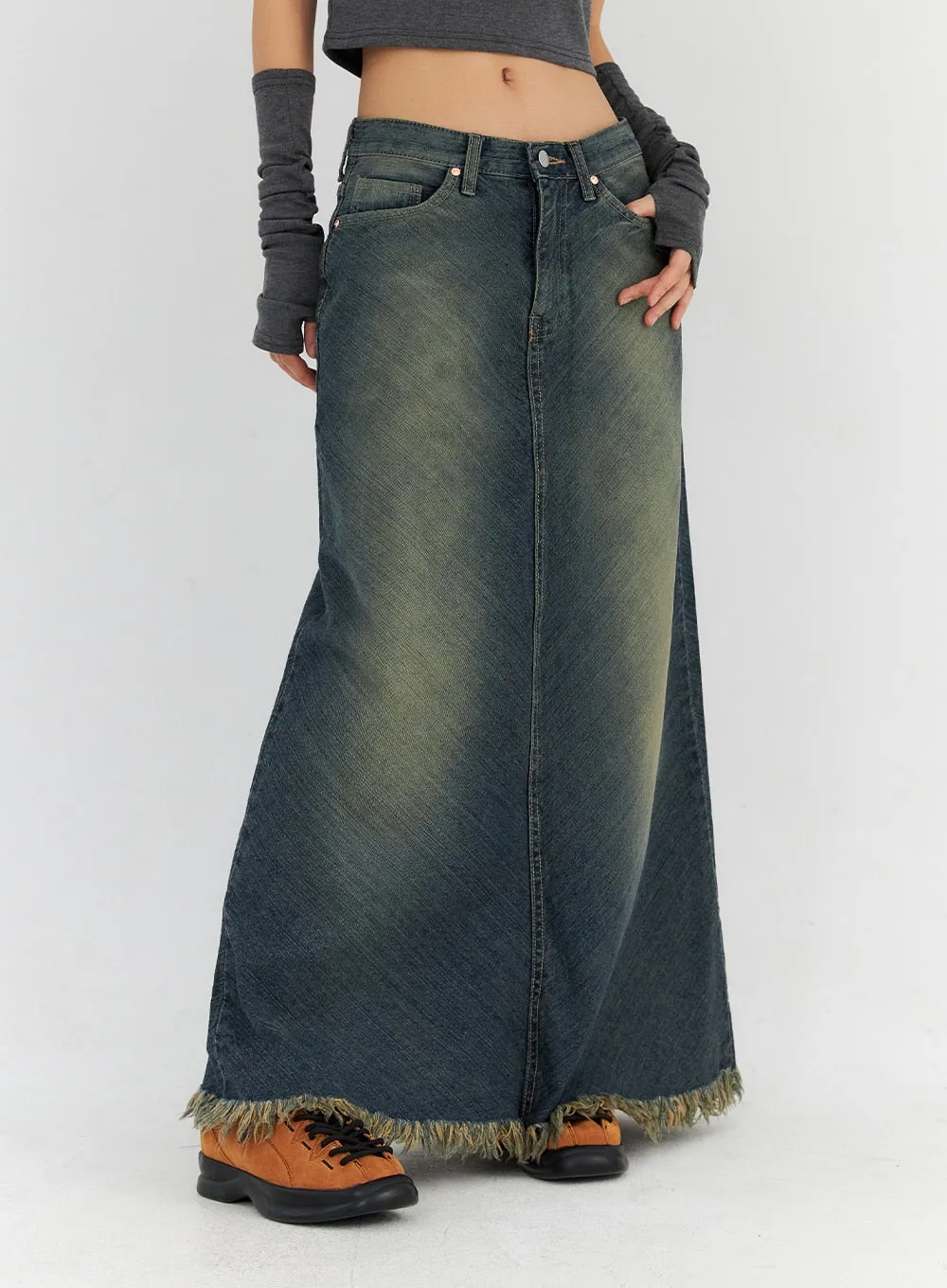 Washed Denim Maxi Skirt CN314