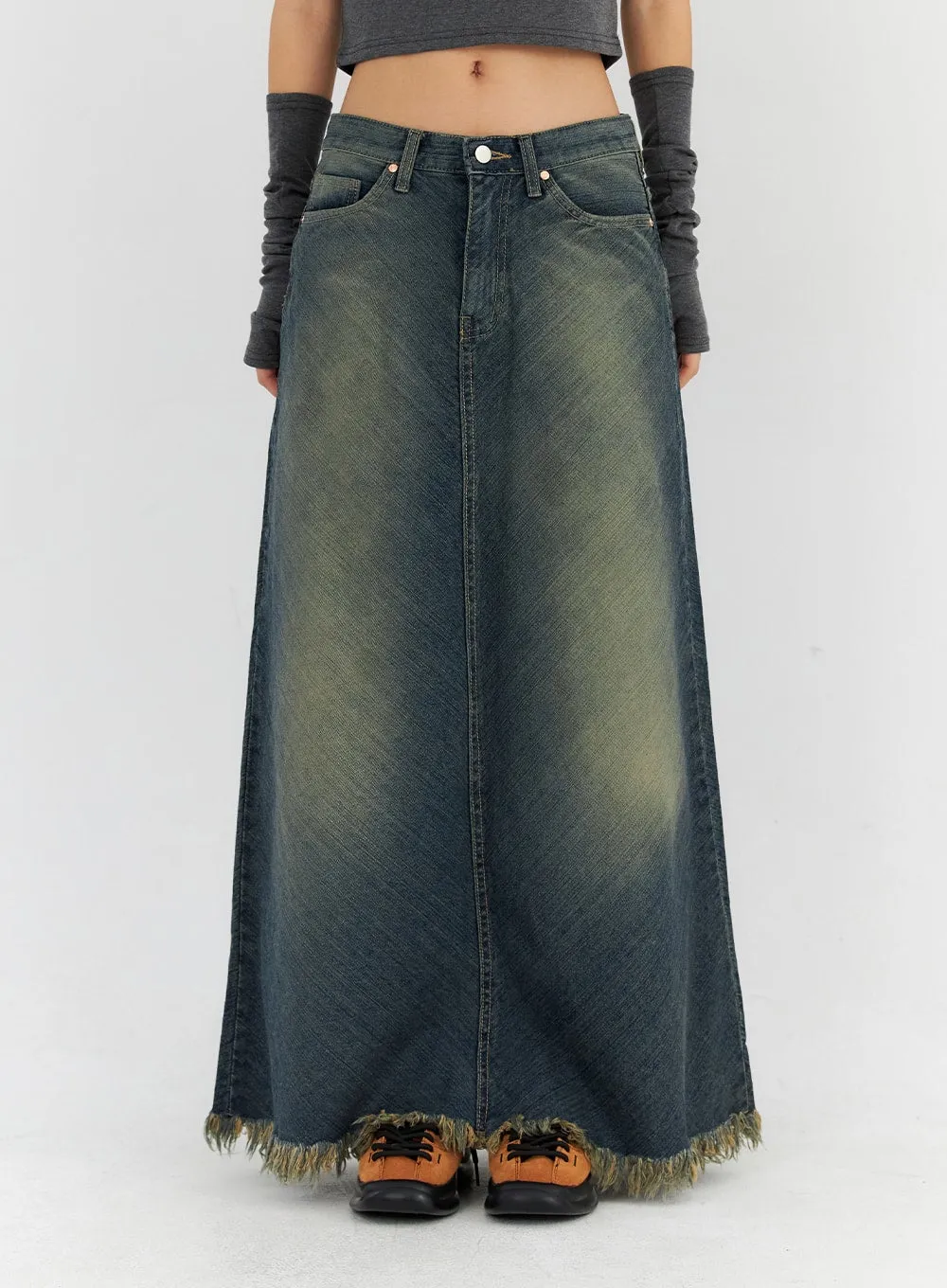 Washed Denim Maxi Skirt CN314