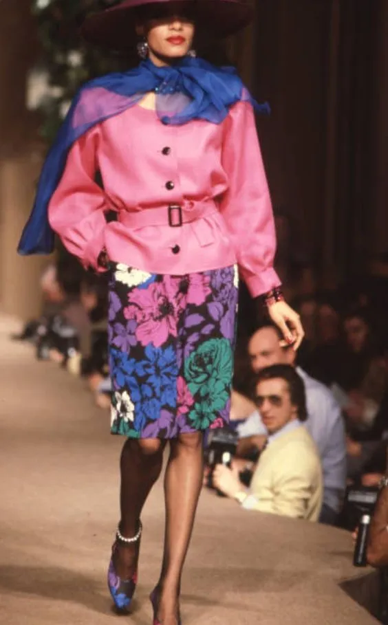 Well Documented Spring 1983 Yves Saint Laurent Haute Couture Runway Look 53 Silk Floral Dress