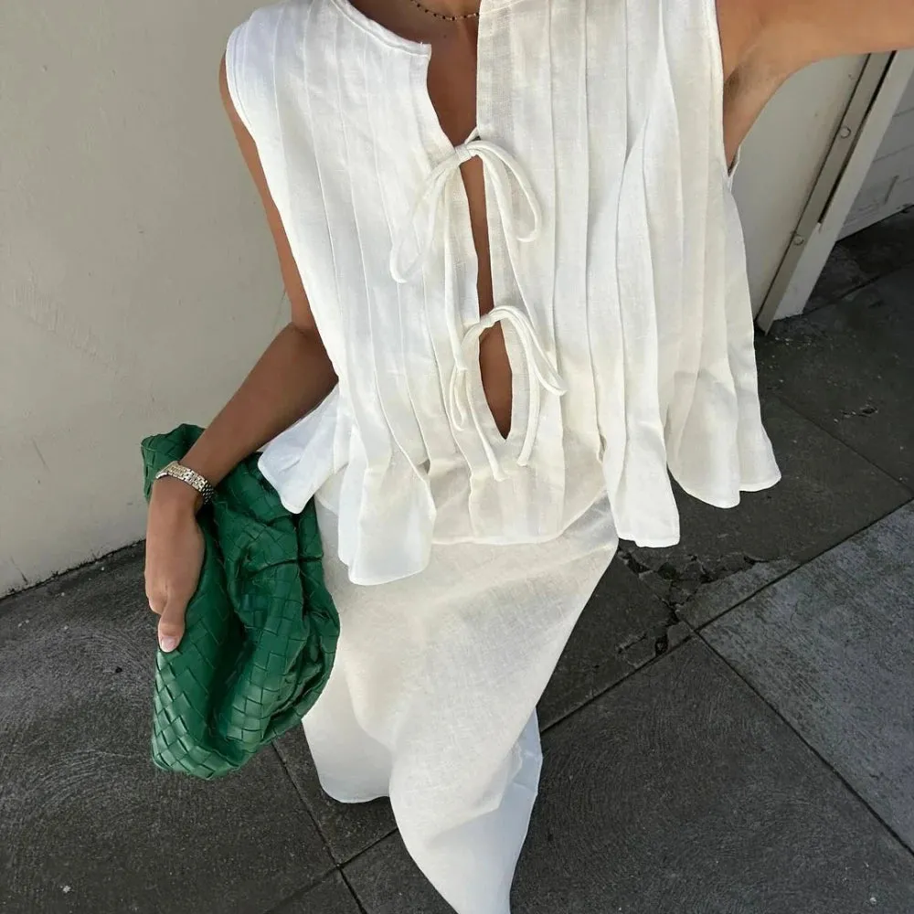 White Cotton Linen Skirt Set Women Fashion Lace-up Blouse and Maxi Skirt Outfits Summer Elegant Causal Holiday 2 Piece Set