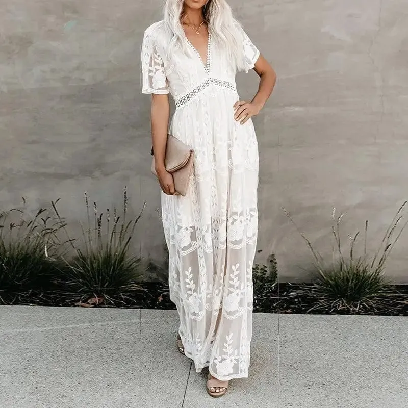 White Lace Short Sleeve Boho Maxi Dress