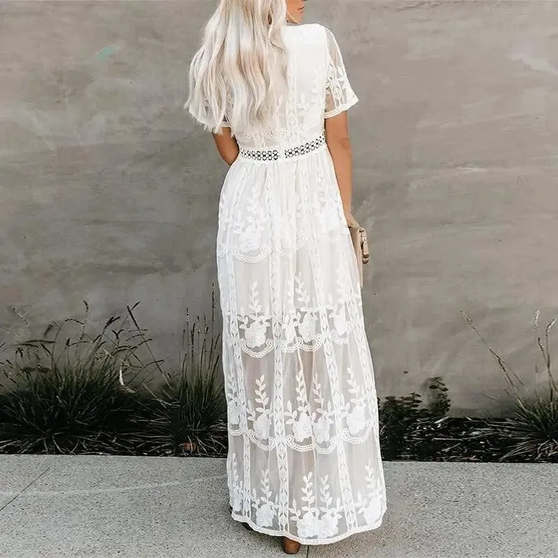 White Lace Short Sleeve Boho Maxi Dress