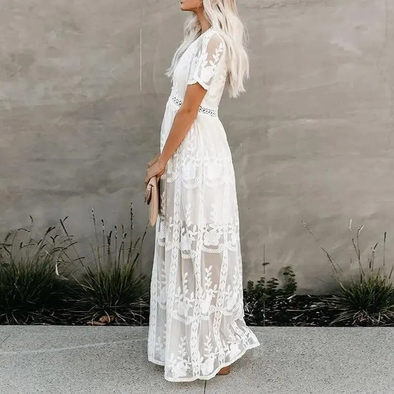 White Lace Short Sleeve Boho Maxi Dress