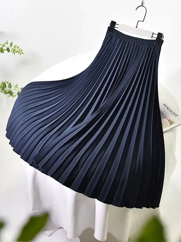 Women A-Line Spring Pleated Skirt Elegant High Waist Long Skirt Femme Elegant Faldas Jupe Saia Women White Skirts C-092