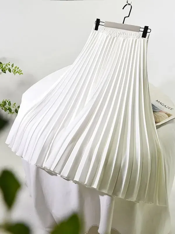 Women A-Line Spring Pleated Skirt Elegant High Waist Long Skirt Femme Elegant Faldas Jupe Saia Women White Skirts C-092