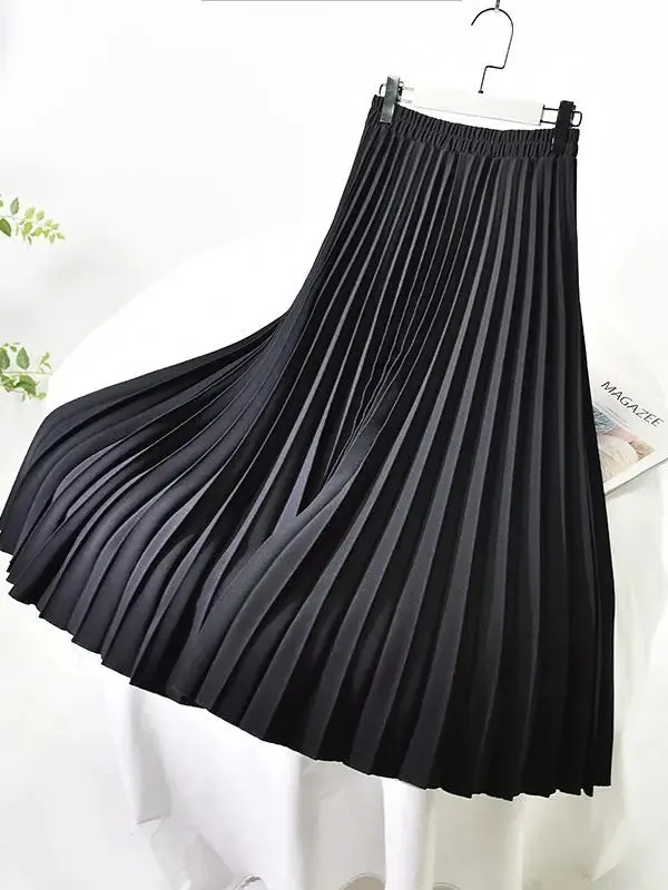 Women A-Line Spring Pleated Skirt Elegant High Waist Long Skirt Femme Elegant Faldas Jupe Saia Women White Skirts C-092