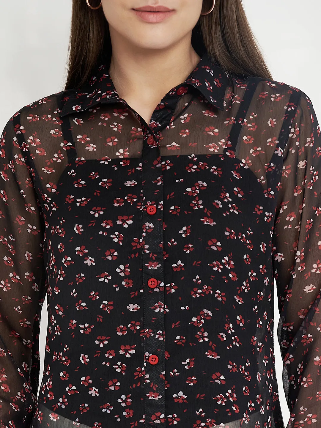 Women Classic Black Semi Sheer Printed Floral Print Shirt