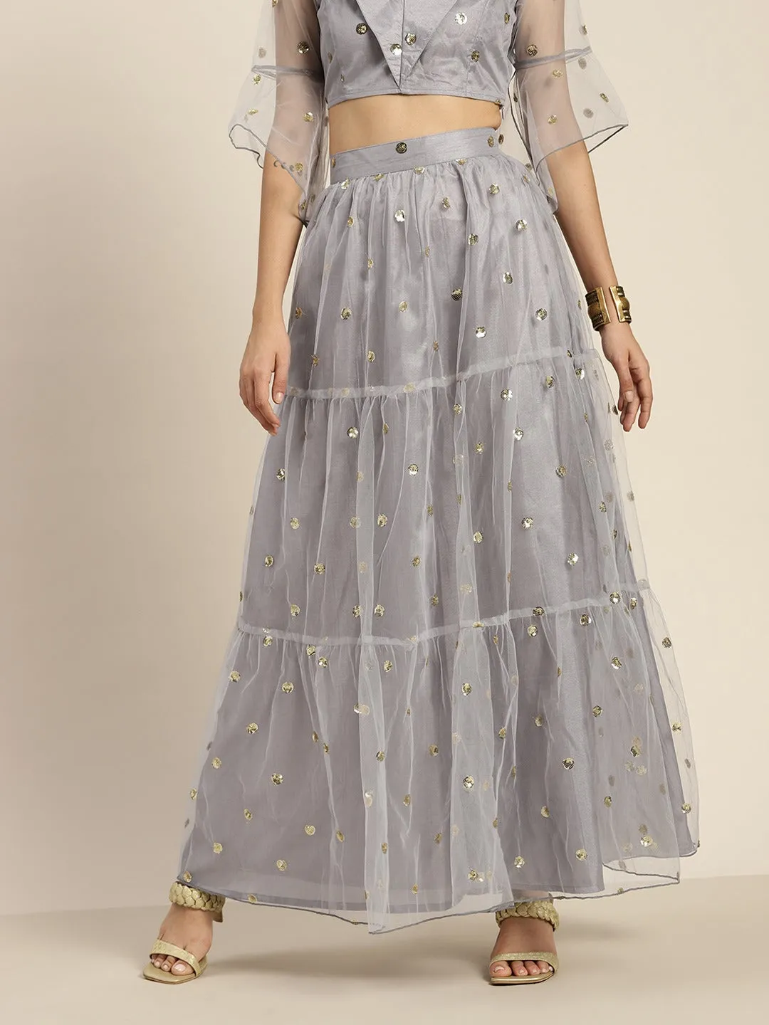 Women Steel Grey Tulle Sequins Tiered Skirt