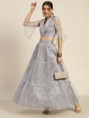 Women Steel Grey Tulle Sequins Tiered Skirt