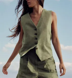 Women Summer Solid Green Elegant Button Vest