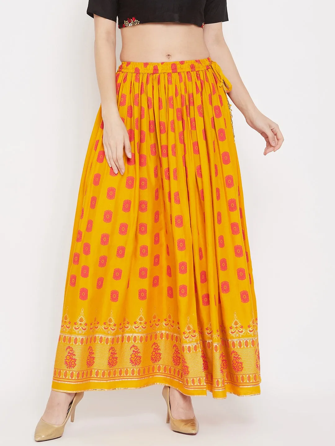 Women'S Mustard Flared Printed Skirt