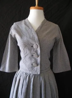 Women's Vintage 50s Skirt Suit Outfit Jacket Rockabilly Gingham Cotton Small VFG