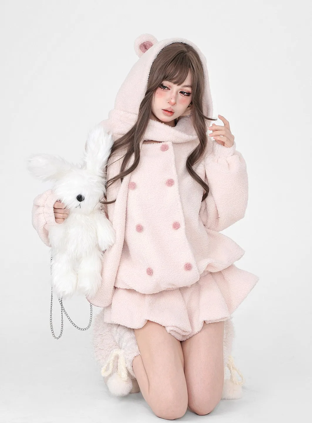 Young Eyes Winter White Soft Pink Plush Fleece Bear Hooded Scarf Jacket & Skirt Two Piece Set