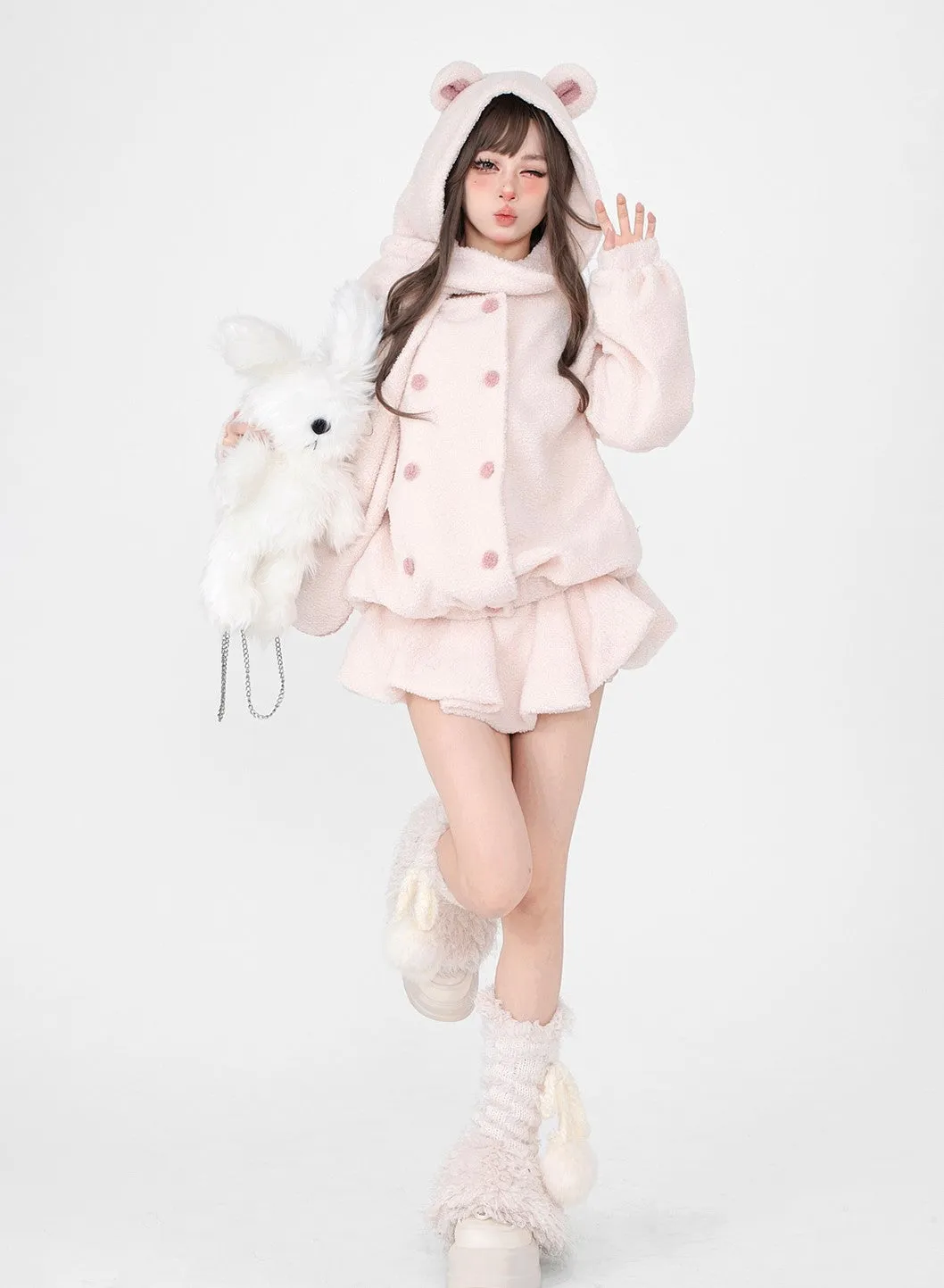 Young Eyes Winter White Soft Pink Plush Fleece Bear Hooded Scarf Jacket & Skirt Two Piece Set