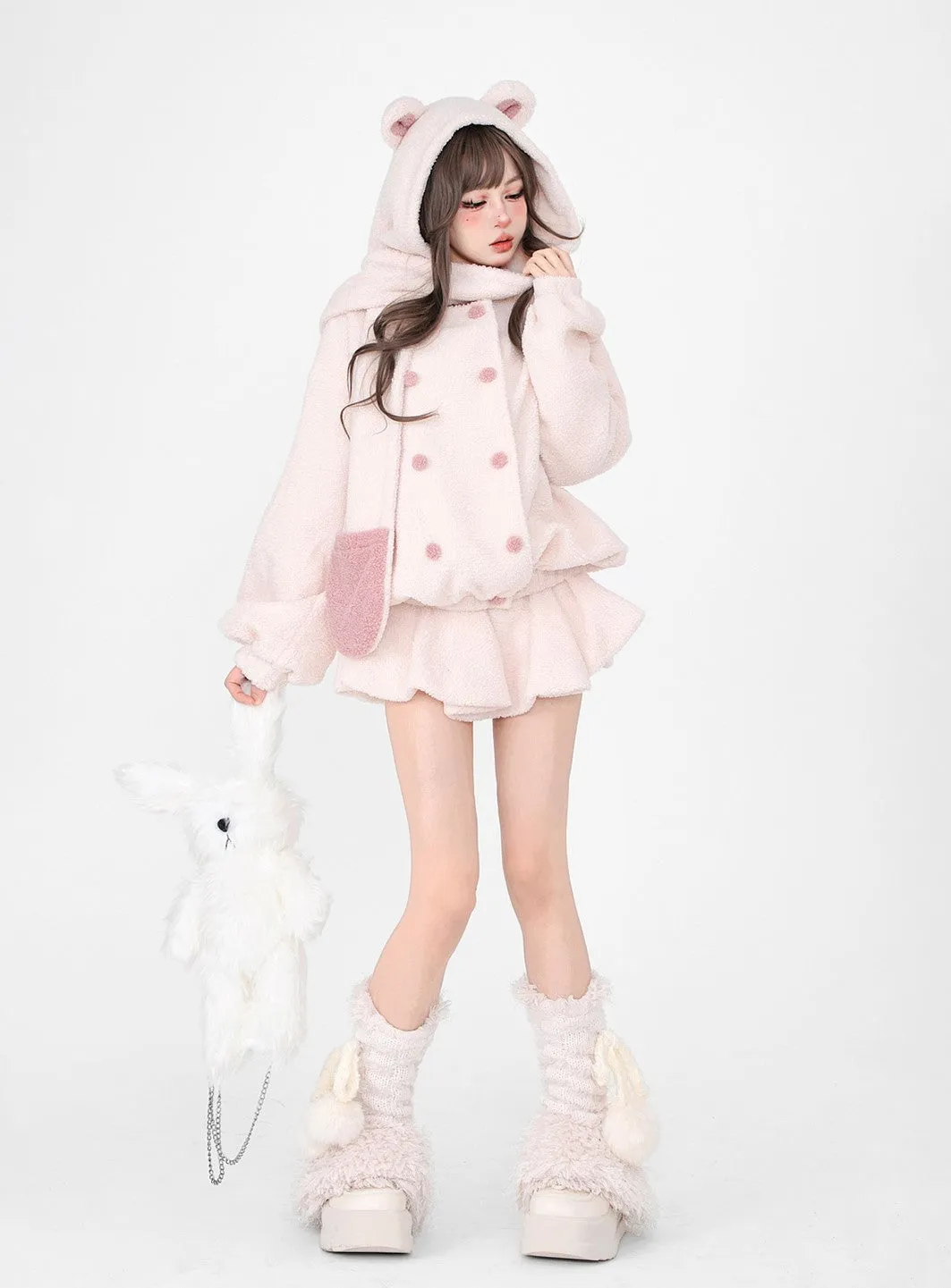 Young Eyes Winter White Soft Pink Plush Fleece Bear Hooded Scarf Jacket & Skirt Two Piece Set