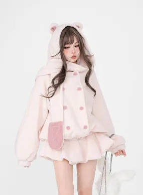 Young Eyes Winter White Soft Pink Plush Fleece Bear Hooded Scarf Jacket & Skirt Two Piece Set