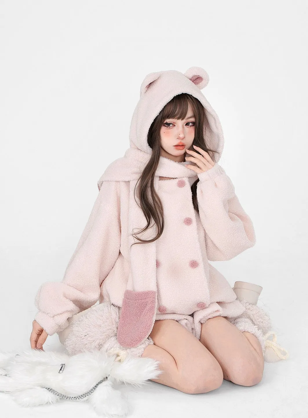 Young Eyes Winter White Soft Pink Plush Fleece Bear Hooded Scarf Jacket & Skirt Two Piece Set