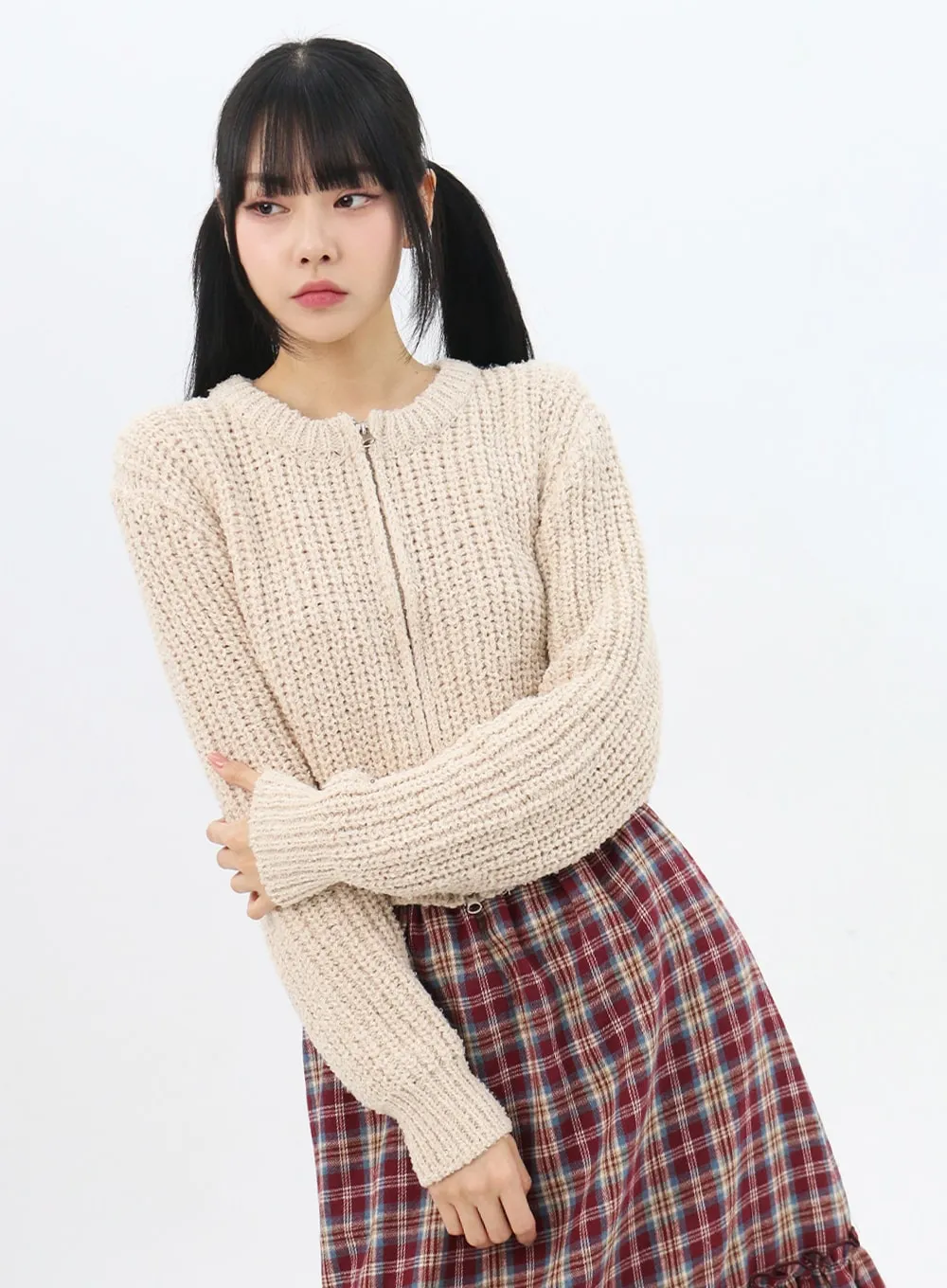 Zip-Up Waffle Knit Sweater IN314